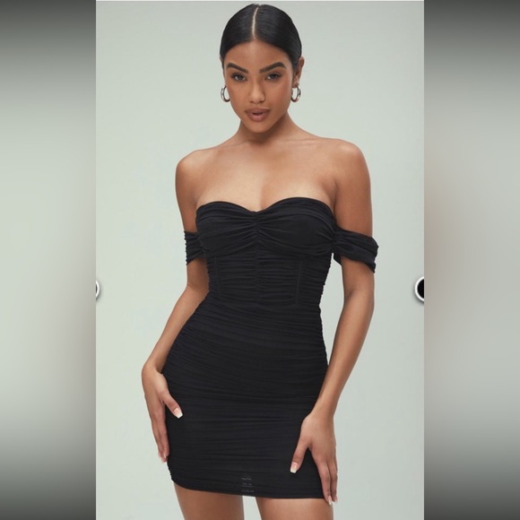 NWOT Mistress Rocks Black Ruched Mesh Bardot Dress. Size L - Picture 2 of 6